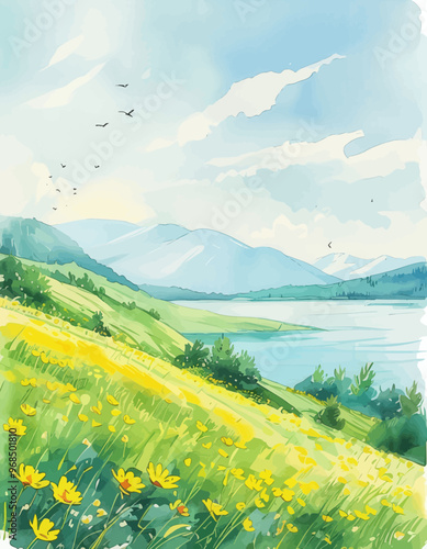 Serene Lake Scenery with Yellow Wildflowers and Mountains