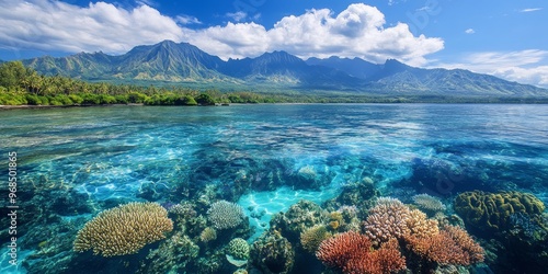 The richness of marine life with mountain landscapes in the distance, the clear blue water revealing coral and fish