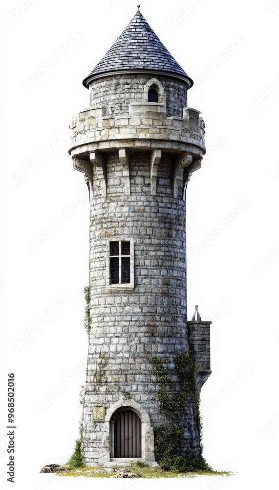 A historic stone tower with a conical roof, showcasing intricate architecture and charm, ideal for fantasy-themed designs. A historic stone tower with a conical roof, showcasing intricate architecture and charm, ideal for fantasy-themed designs.