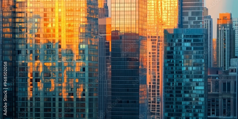Sunrise reflections in the city, where the soft morning light mirrors off the buildings, filling the urban landscape with warm hues Sunrise reflections in the city, where the soft morning light mirrors off the buildings, filling the urban landscape with warm hues