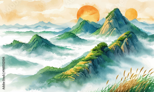 Serene Mountainous Landscape with Sunset and Clouds