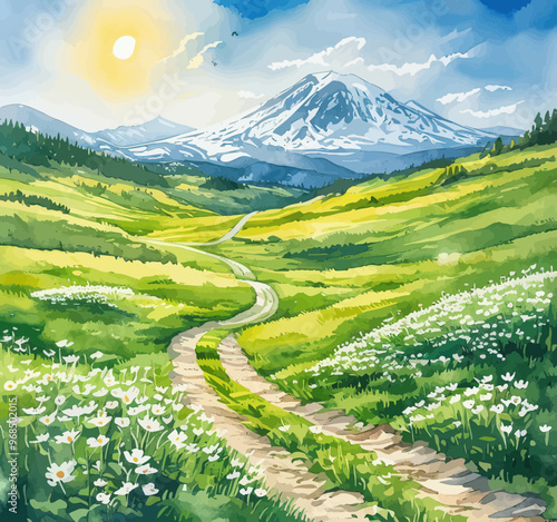Serene Pathway Through a Field of Wildflowers, Leading to Majestic Mountains