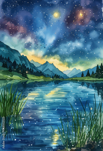 Serene Night at the Lake: Mountains, Stars, and Reflections