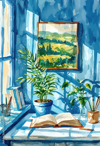 Serene Study Corner: A Blue-Tinted Artistic Painting of a Home Office with Books, Potted Plants, and a Landscape
