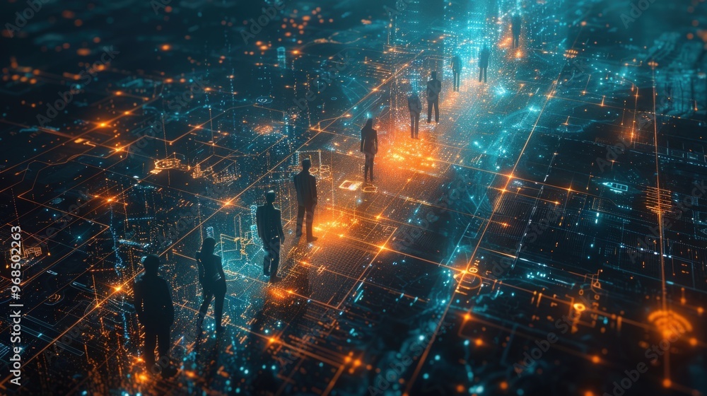 Silhouettes of people walking on a digital network, glowing with light. Silhouettes of people walking on a digital network, glowing with light.
