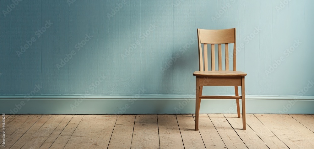 A minimalist wooden chair against a soft blue wall, showcasing simplicity and tranquility in modern interior design. A minimalist wooden chair against a soft blue wall, showcasing simplicity and tranquility in modern interior design.