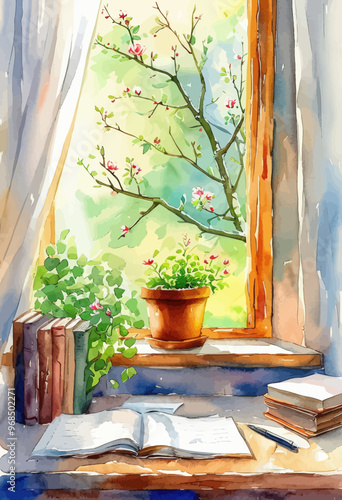 Serene Study Nook with Open Book and Potted Plant