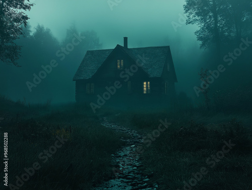 spooky house in the misty woods