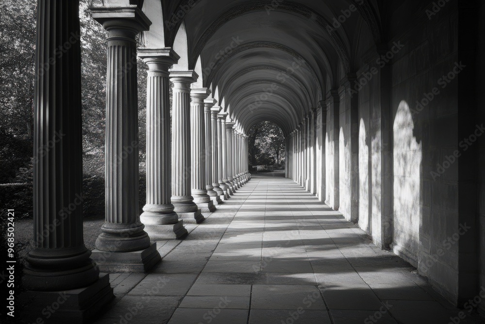 A monochrome image showcasing a serene arcade with symmetrical columns and soft shadows, creating a peaceful atmosphere. A monochrome image showcasing a serene arcade with symmetrical columns and soft shadows, creating a peaceful atmosphere.