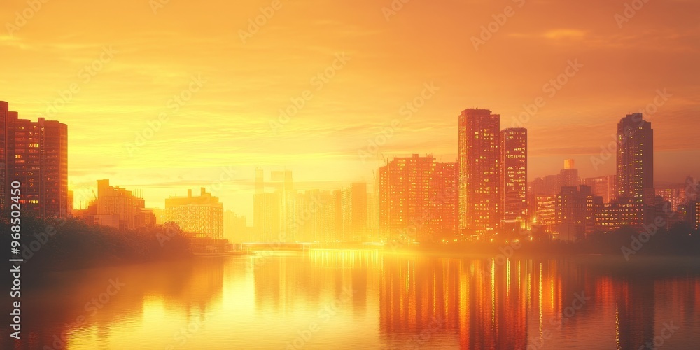 Fototapeta premium A serene urban landscape during golden hour, where the city is illuminated by the rich, golden light of the setting sun