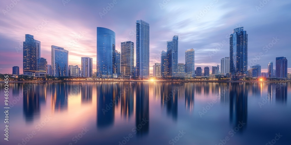 Obraz premium A cityscape of urban developments reflected in the waters of a river, where the sleek, modern buildings meet the calm surface