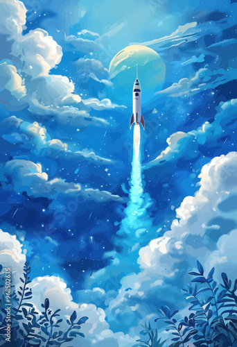 Space Exploration: Rocket Launching into the Blue Sky with Clouds and Stars
