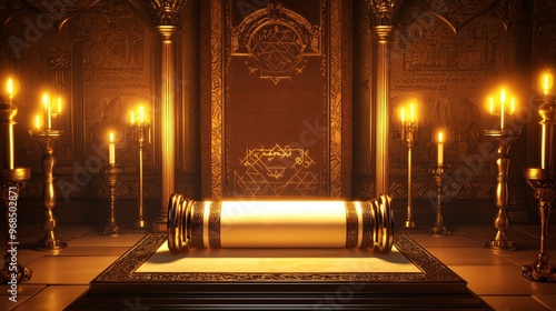 An empty 3D podium with a glowing Torah scroll on a pedestal, surrounded by candles and symbols of Jewish holidays, set against a rich, biblical background photo