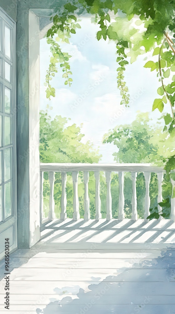 A serene balcony scene with lush greenery and gentle sunlight, perfect for relaxation and nature-inspired decor. A serene balcony scene with lush greenery and gentle sunlight, perfect for relaxation and nature-inspired decor.
