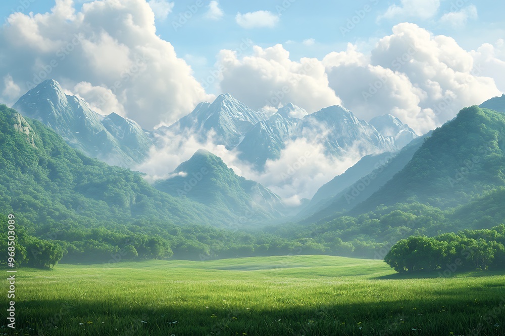 Obraz premium Mountain landscape with church on the hill. Morning in a mountain valley.
