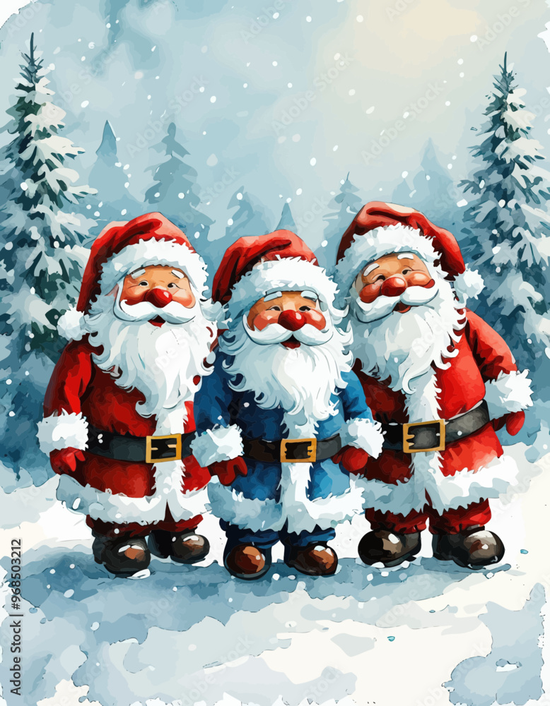 Three Santa Claus Figures Standing in Snowy Forest Three Santa Claus Figures Standing in Snowy Forest