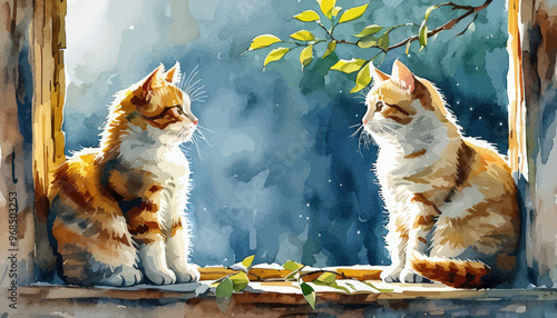 Two Cats Gaze at Each Other Through a Window