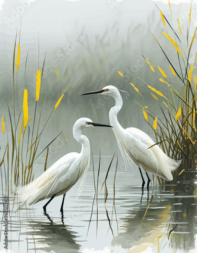 Two White Birds Standing in Water