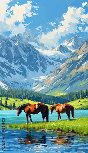 Two Horses Standing by a Lake with Mountains in the Background