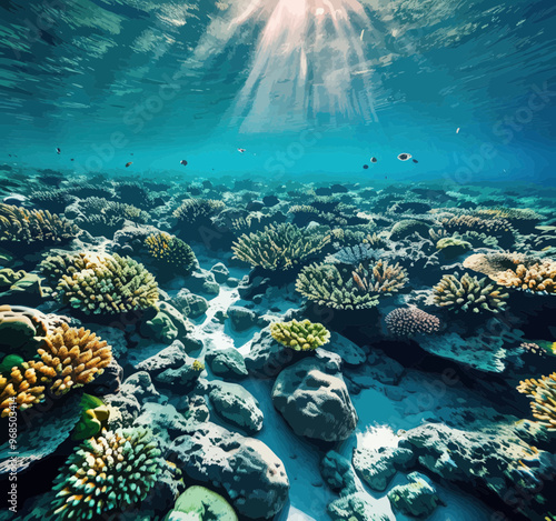 Underwater coral reef with vibrant marine life and sunlight filtering through