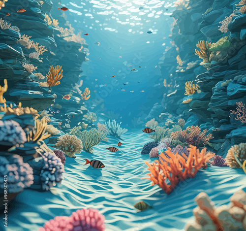 Underwater Paradise: Vibrant Coral Reef with School of Fish and Rocky Shore
