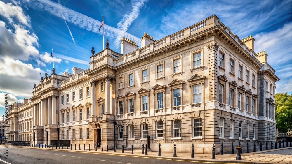 Fototapeta premium The stock photo depicts a detailed view of the iconic whitehall building at Downing Street in London utilizing the technique of forced perspective, historical, city, structure