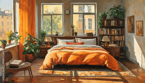 Vibrant and Cozy Bedroom with Orange Bedding and Plenty of Natural Light