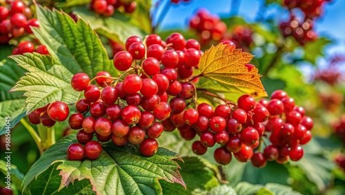 Highbush cranberry also known as Viburnum trilobum growing wild in August, forest, outdoors, highbush cranberry, growing, nature, hedgerow, leaves, wild, vibrant, plant, close-up, flora photo