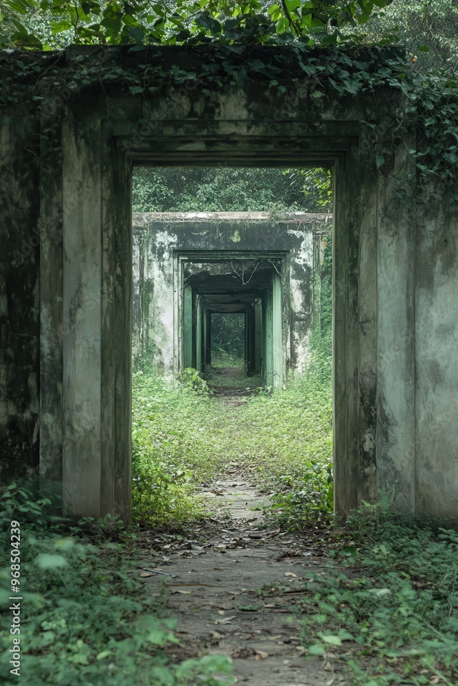 A serene view of abandoned archways overgrown with lush greenery, creating a mysterious and tranquil atmosphere. A serene view of abandoned archways overgrown with lush greenery, creating a mysterious and tranquil atmosphere.