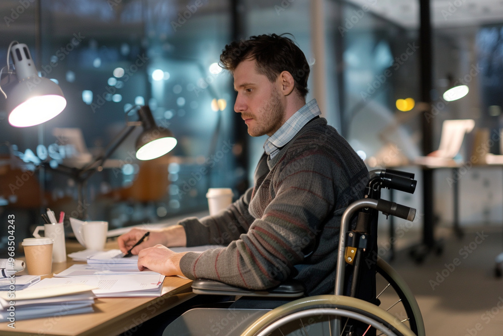 Focused man in wheelchair working late hours at an office, surrounded by papers and coffee Focused man in wheelchair working late hours at an office, surrounded by papers and coffee