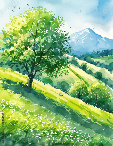 Vibrant Landscape with Tree, Grass, and Mountain View