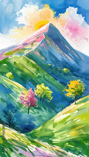 Vibrant Mountainous Landscape with Pink and Yellow Flowers