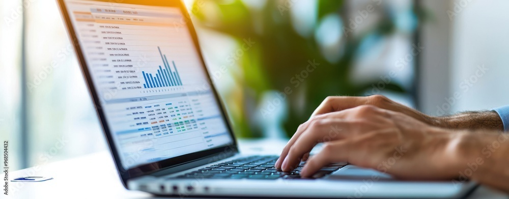 Person analyzes data on laptop, showcasing stock charts and financial trends in a modern workspace for business insights. Person analyzes data on laptop, showcasing stock charts and financial trends in a modern workspace for business insights.