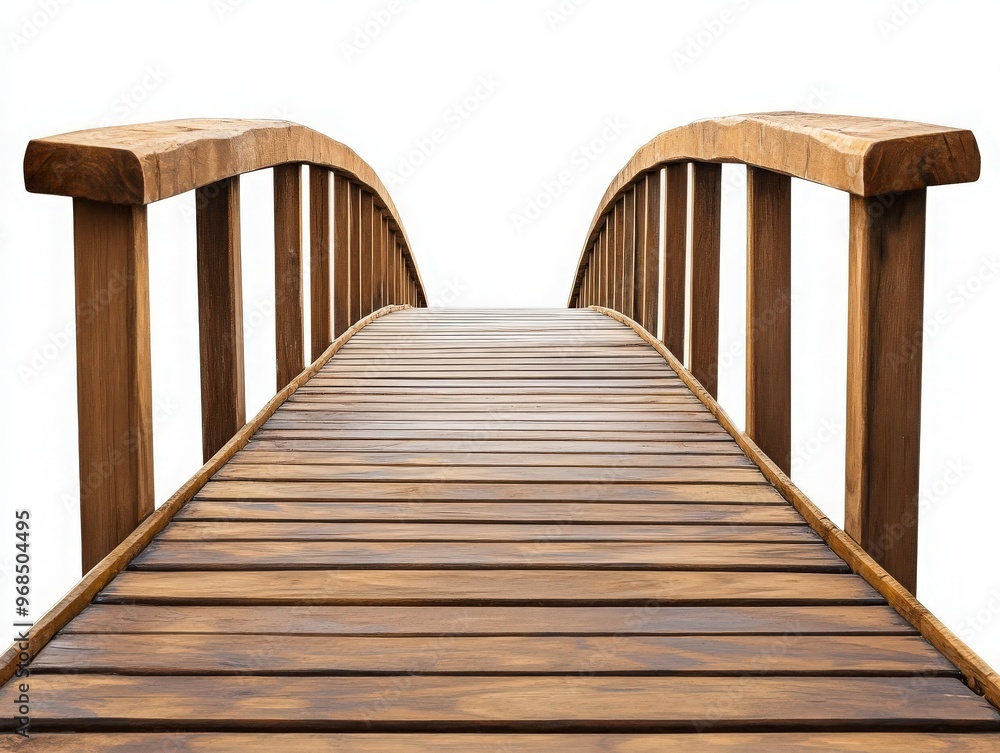 A serene wooden bridge leading to tranquility, showcasing natural beauty and craftsmanship in a minimalist style. A serene wooden bridge leading to tranquility, showcasing natural beauty and craftsmanship in a minimalist style.