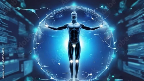 A digital representation of a human figure, illuminated with blue and white tones, surrounded by a network of interconnected lines and symbols, suggesting technology and connectivity generative ai