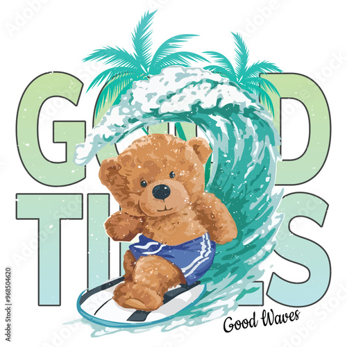 Bear surfer cool summer t-shirt print. Wild animal ride surfboard on big wave. Slogan. Beach funny child wear illustration. Tropical sea surf sport kids typography fashion