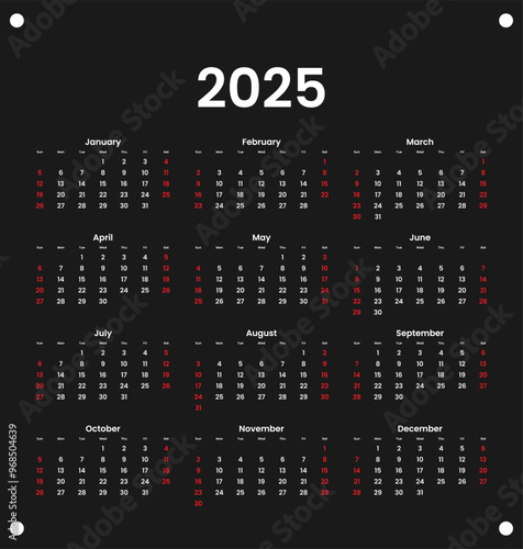 Calendar 2025 starts from Sunday. Minimalist, Clean, Simple and Modern Design. One page Calendar