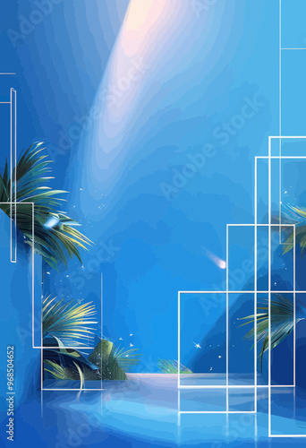 Vibrant Tropical Scene with Palm Fronds and Sunlight Beams