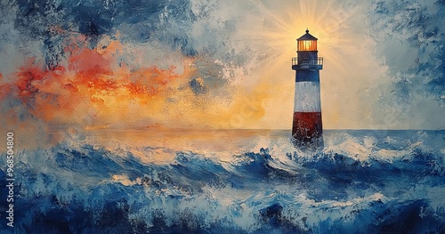 Lighthouse Brilliance Amidst Waves in a Sunny Oceanic Dawn Art