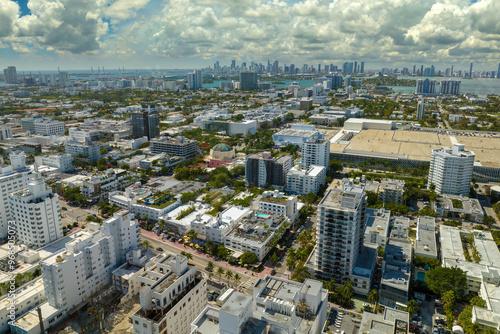 Miami Beach city American southern architecture. South Beach high luxurious hotels and apartment buildings. Tourist infrastructure in southern Florida, USA