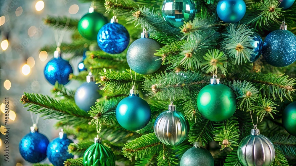 Green christmas tree with blue and silver ornaments, festive holiday decor Green christmas tree with blue and silver ornaments, festive holiday decor