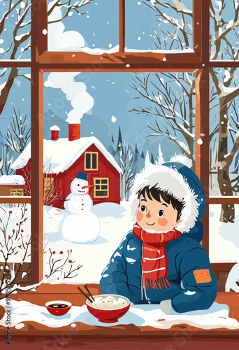 Winter Scene with Snowman and Child Indoors