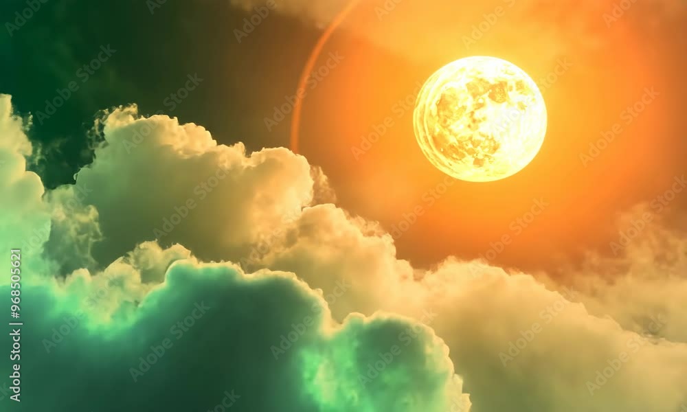 Surreal sky with clouds and glowing planet close to sun Surreal sky with clouds and glowing planet close to sun