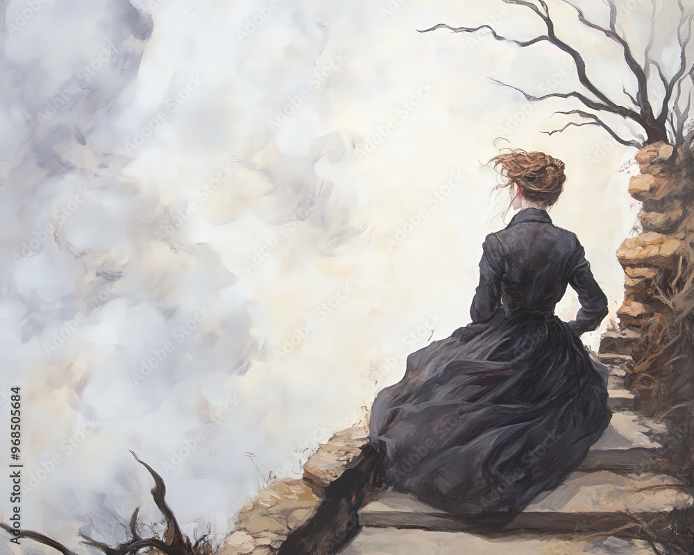 A woman in a black dress gazes thoughtfully over a misty landscape, creating a sense of mystery and introspection. A woman in a black dress gazes thoughtfully over a misty landscape, creating a sense of mystery and introspection.