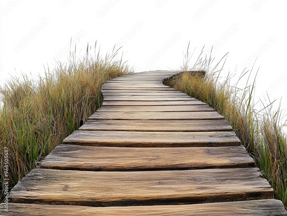 Obraz premium A winding wooden pathway leads through lush green grass, evoking a sense of tranquility and natural beauty in the outdoors.