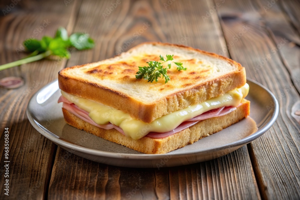 A plate of croque monsieur a classic French sandwich made with ham and cheese is presented in a long shot, cheese, classic,croque monsieur, sandwich, plate, long shot A plate of croque monsieur a classic French sandwich made with ham and cheese is presented in a long shot, cheese, classic,croque monsieur, sandwich, plate, long shot