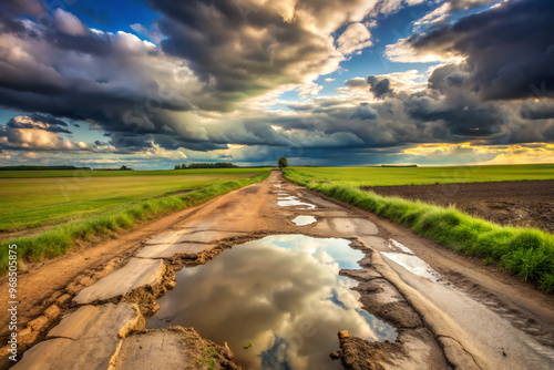 landscape with roadroad, sky, landscape, field, nature, grass, summer, country, clouds, cloud, green, meadow, rural, horizon, way, travel, countryside, path, sun, spring, land, blue, asphalt, nobody,  photo