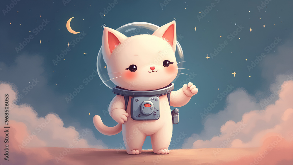 A whimsical digital illustration of a cartoonish cat astronaut delicately rendered in soft pastel hues celestial backdrop with subtle texture and gentle shading adding depth to the minimalist composit A whimsical digital illustration of a cartoonish cat astronaut delicately rendered in soft pastel hues celestial backdrop with subtle texture and gentle shading adding depth to the minimalist composit