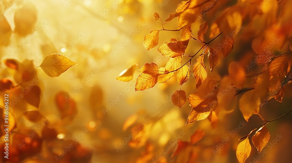 Golden Autumn Leaves on a Branch with Sunlight Shining Through Golden Autumn Leaves on a Branch with Sunlight Shining Through