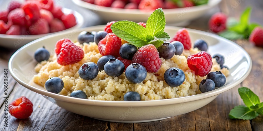 healthy meal, raspberry, vibrant, A stock photo featuring a healthy meal of quinoa topped with fresh raspberries and blueberries creatively captured using the forced perspective technique healthy meal, raspberry, vibrant, A stock photo featuring a healthy meal of quinoa topped with fresh raspberries and blueberries creatively captured using the forced perspective technique